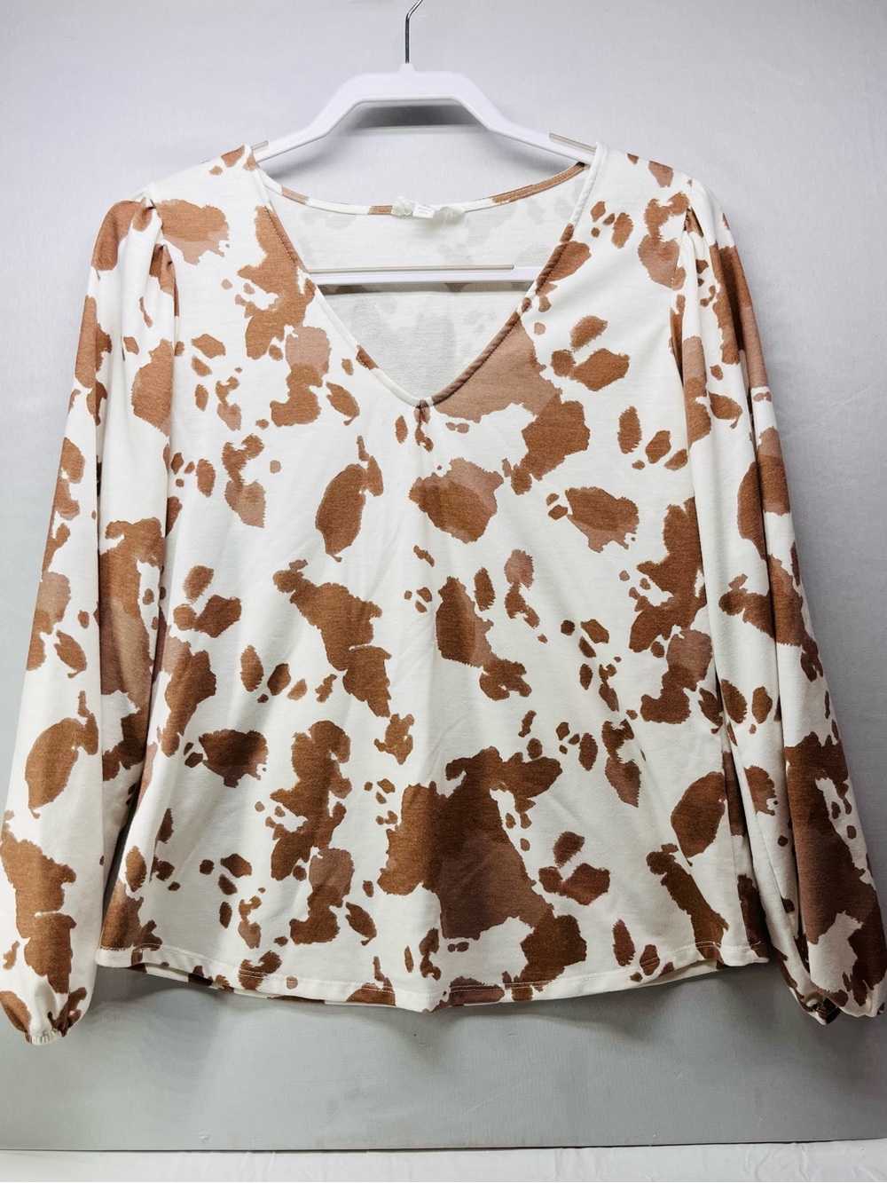 Peach Love California White & Brown Cowprint V-Neck Long Sleeve Top